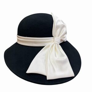 Miss Bierner Vintage Black Wool Wide Brim Hat with Ivory Satin Bow — Made in USA